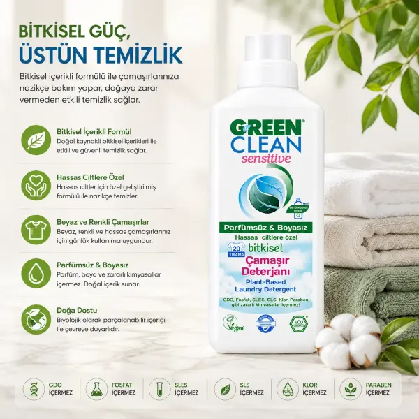 U Green Clean Sensitive Bitkisel Sıvı Çamaşır Deterjanı 1 L içindekiler listesi ve kullanım bilgisi