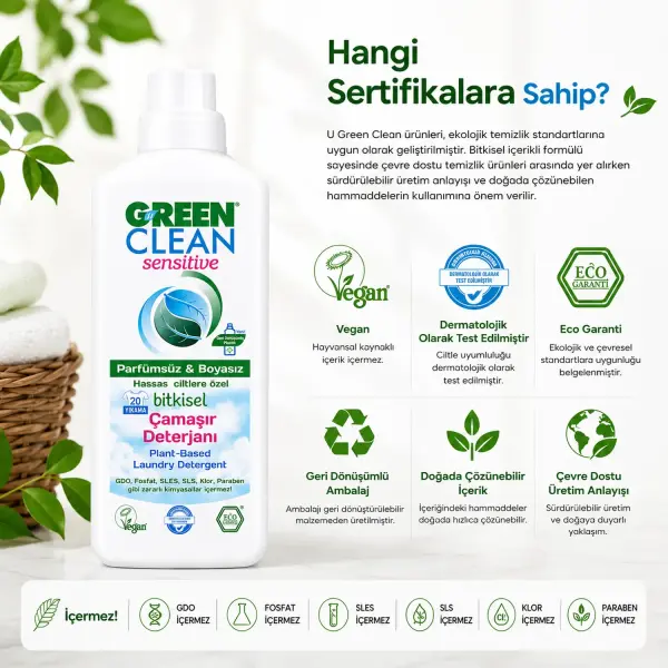 U Green Clean Sensitive Bitkisel Sıvı Çamaşır Deterjanı 1 L sertifika ve içerik bilgisi