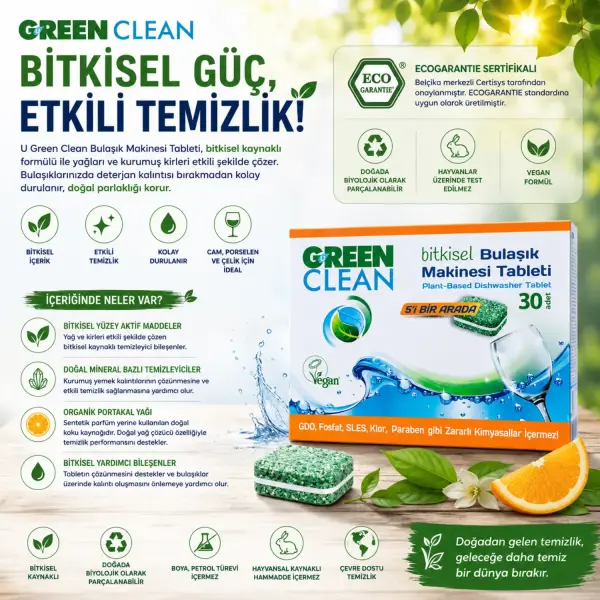 U Green Clean Bitkisel Bulaşık Makinesi Tableti 30 Adet (480 g) içindekiler listesi ve kullanım bilgisi