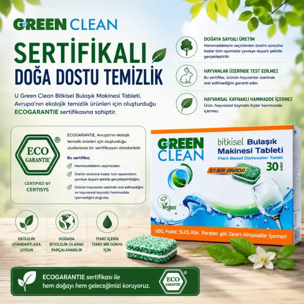 U Green Clean Bitkisel Bulaşık Makinesi Tableti 30 Adet (480 g) sertifika ve içerik bilgisi