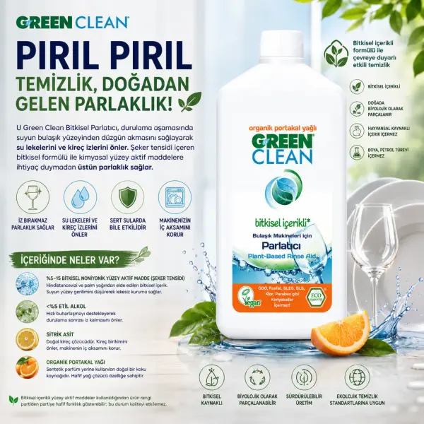 U Green Clean Bitkisel Bulaşık Makinesi Parlatıcı 500 ml içindekiler listesi ve kullanım bilgisi