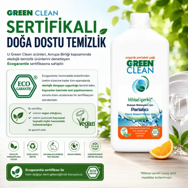U Green Clean Bitkisel Bulaşık Makinesi Parlatıcı 500 ml sertifika ve içerik bilgisi