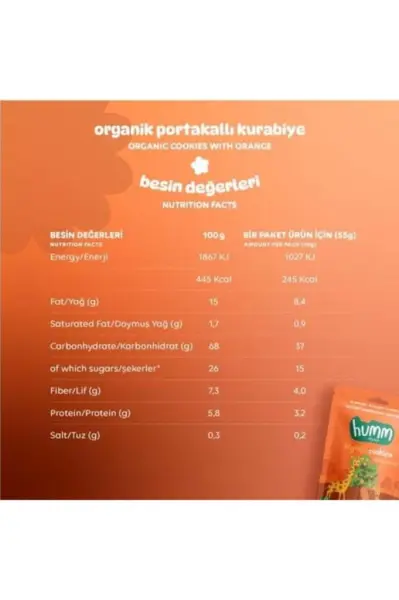 Humm Organik Portakallı Kurabiye 55 Gr ambalaj görseli