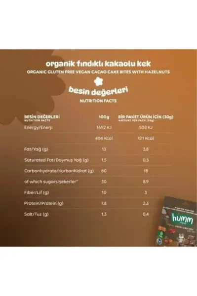 Humm Organik Glutensiz Vegan Kakaolu ve Fındıklı Kek 30gr yakın çekim görseli