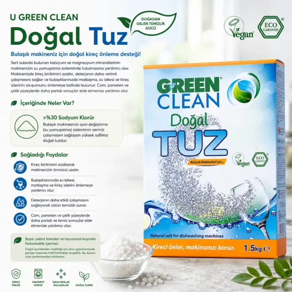 U Green Clean Bulaşık Makinesi Doğal Tuzu 1,5 kg içindekiler listesi ve kullanım bilgisi