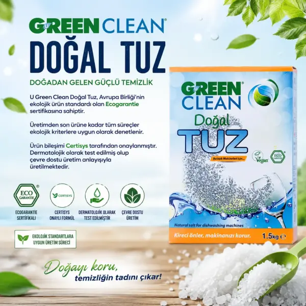 U Green Clean Bulaşık Makinesi Doğal Tuzu 1,5 kg sertifika ve içerik bilgisi
