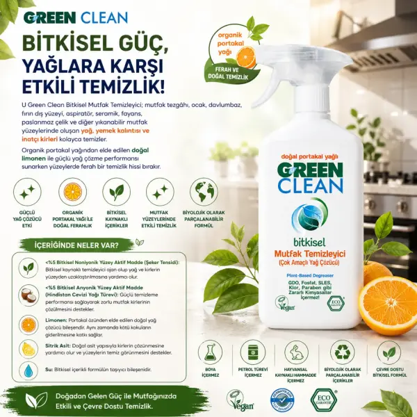 U Green Clean Bitkisel Mutfak Temizleyici Çok Amaçlı Yağ Çözücü 500 ml içindekiler listesi ve kullanım bilgisi