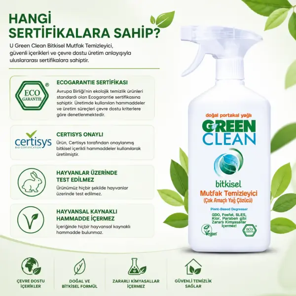 U Green Clean Bitkisel Mutfak Temizleyici Çok Amaçlı Yağ Çözücü 500 ml sertifika ve içerik bilgisi