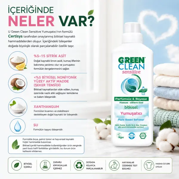 U Green Clean Sensitive Bitkisel Çamaşır Yumuşatıcı 1 L içindekiler listesi ve kullanım bilgisi
