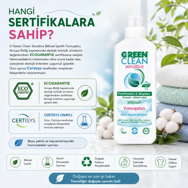 U Green Clean Sensitive Bitkisel Çamaşır Yumuşatıcı 1 L sertifika ve içerik bilgisi