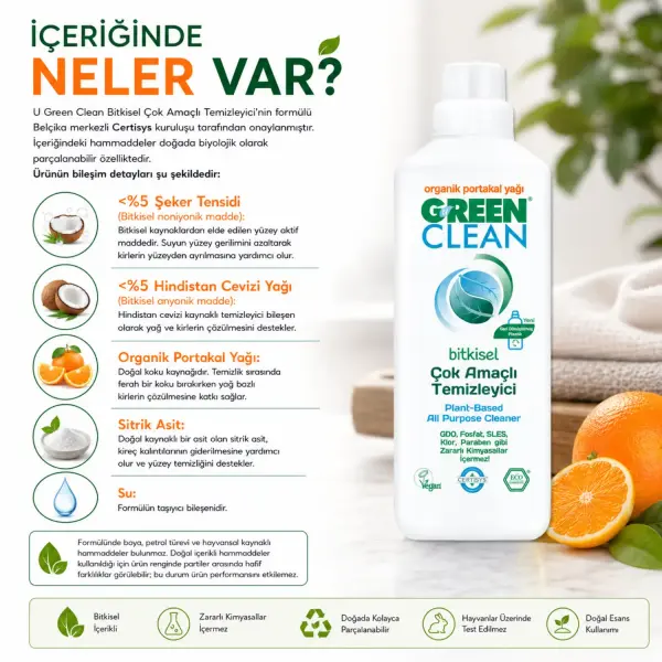 U Green Clean Bitkisel Çok Amaçlı Temizleyici Organik Portakal Yağlı 1 L içindekiler listesi ve kullanım bilgisi