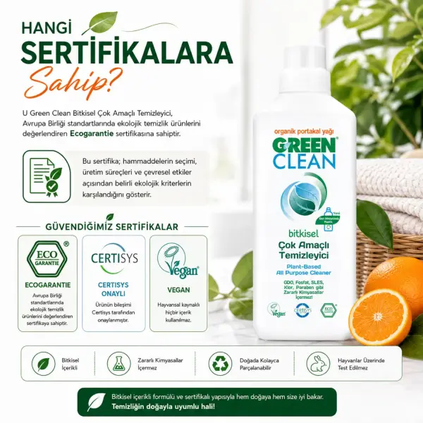 U Green Clean Bitkisel Çok Amaçlı Temizleyici Organik Portakal Yağlı 1 L sertifika ve içerik bilgisi