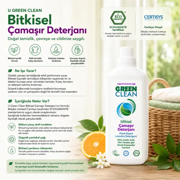 U Green Clean Bitkisel Sıvı Çamaşır Deterjanı Lavanta 1 L içindekiler listesi ve kullanım bilgisi