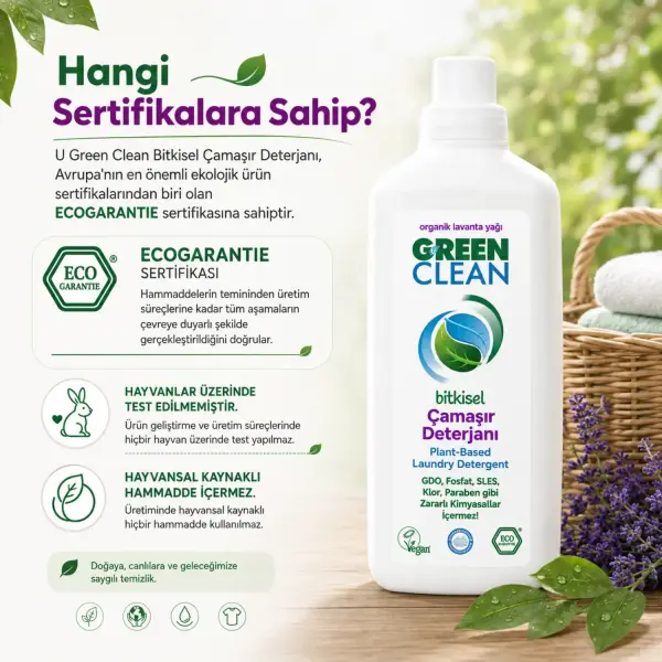 U Green Clean Bitkisel Sıvı Çamaşır Deterjanı Lavanta 1 L sertifika ve içerik bilgisi