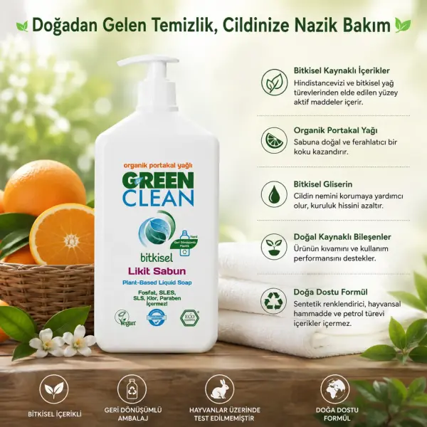 U Green Clean Bitkisel Likit Sabun Organik Portakal Yağlı 500 ml içindekiler listesi ve kullanım bilgisi