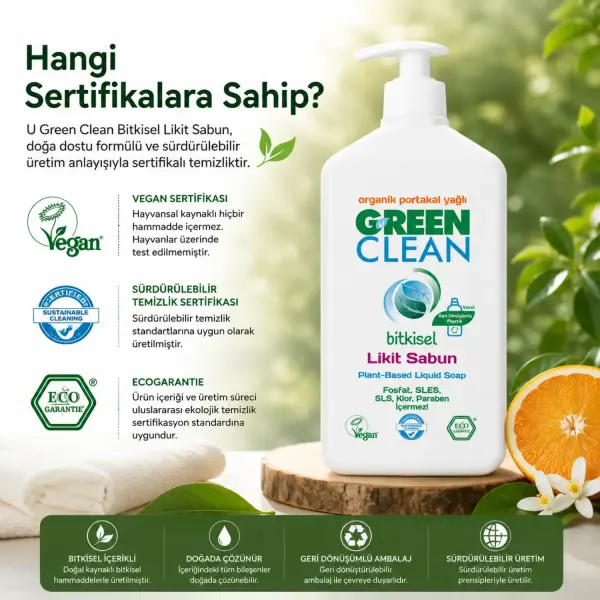 U Green Clean Bitkisel Likit Sabun Organik Portakal Yağlı 500 ml sertifika ve içerik bilgisi