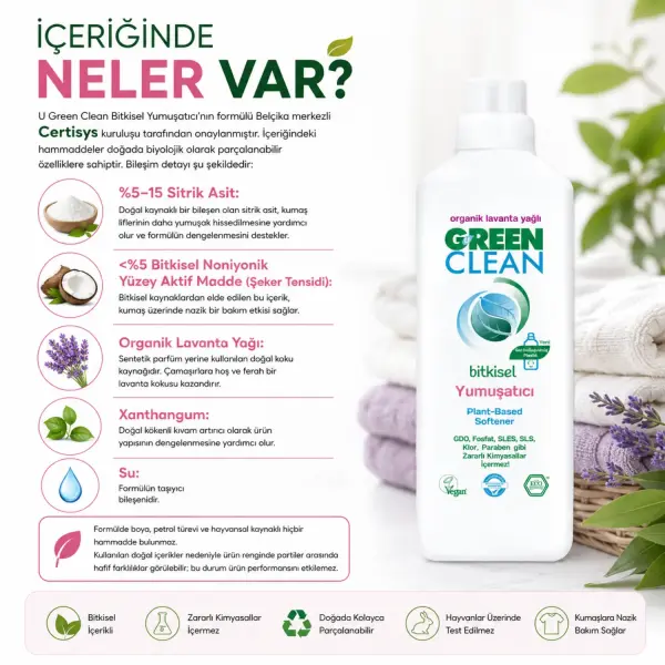 U Green Clean Bitkisel Çamaşır Yumuşatıcı Lavanta 1 L içindekiler listesi ve kullanım bilgisi