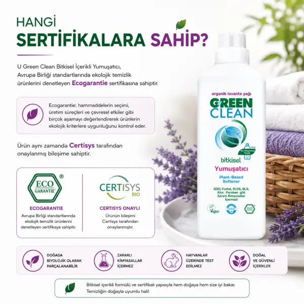 U Green Clean Bitkisel Çamaşır Yumuşatıcı Lavanta 1 L sertifika ve içerik bilgisi