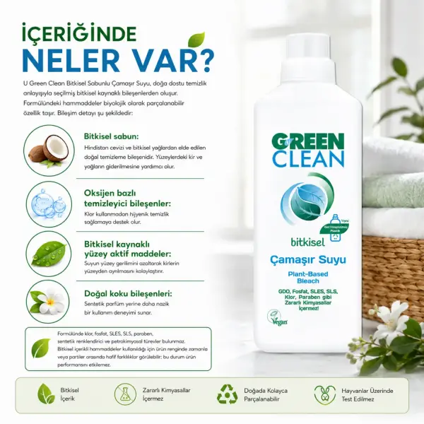 U Green Clean Bitkisel Sabunlu Çamaşır Suyu 1 L içindekiler listesi ve kullanım bilgisi