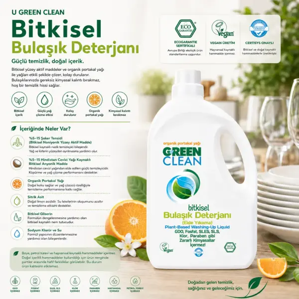 U Green Clean Bitkisel Bulaşık Deterjanı 2,75 L içindekiler listesi ve kullanım bilgisi
