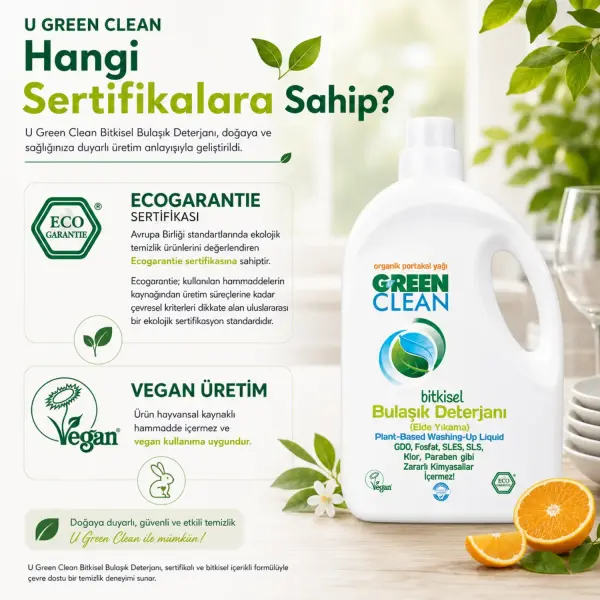 U Green Clean Bitkisel Bulaşık Deterjanı 2,75 L sertifika ve içerik bilgisi
