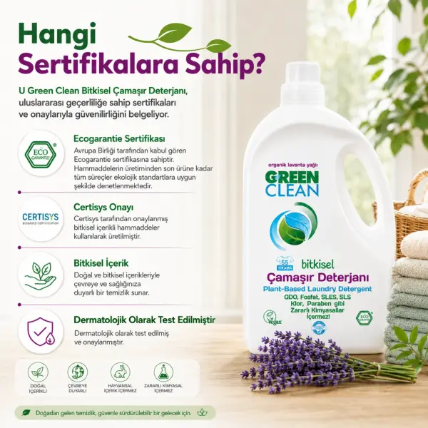 U Green Clean Bitkisel Sıvı Çamaşır Deterjanı 2,75 L sertifika ve içerik bilgisi