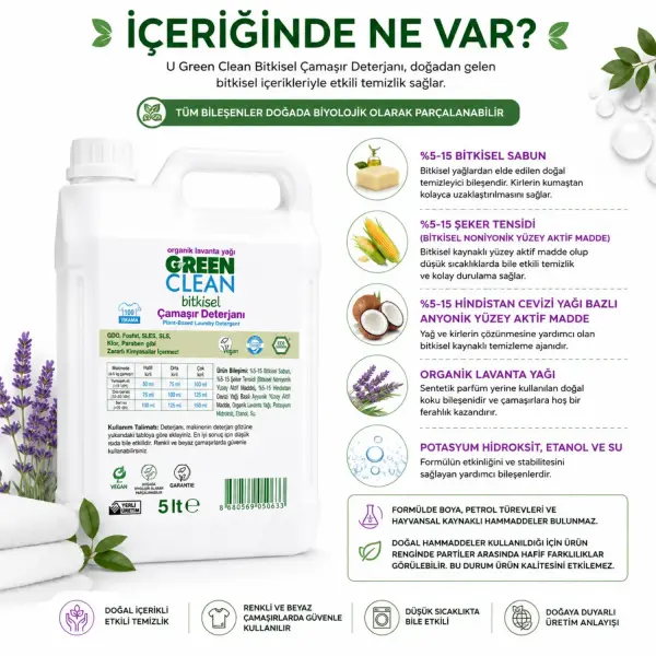 U Green Clean Bitkisel Sıvı Çamaşır Deterjanı Lavanta 5 L içindekiler listesi ve kullanım bilgisi