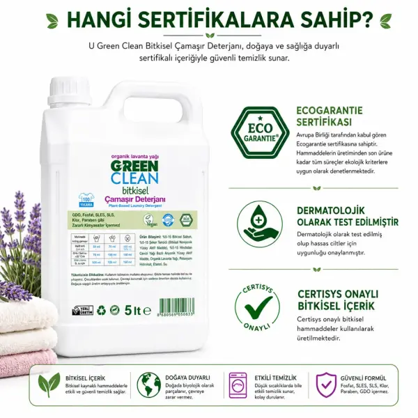 U Green Clean Bitkisel Sıvı Çamaşır Deterjanı Lavanta 5 L sertifika ve içerik bilgisi