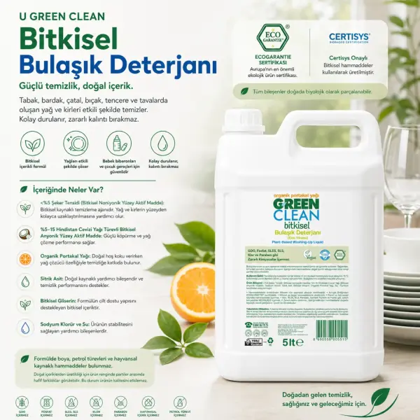 U Green Clean Bitkisel Bulaşık Deterjanı Portakal 5 L içindekiler listesi ve kullanım bilgisi