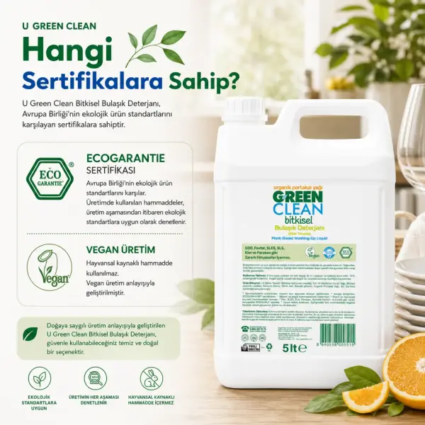 U Green Clean Bitkisel Bulaşık Deterjanı Portakal 5 L sertifika ve içerik bilgisi