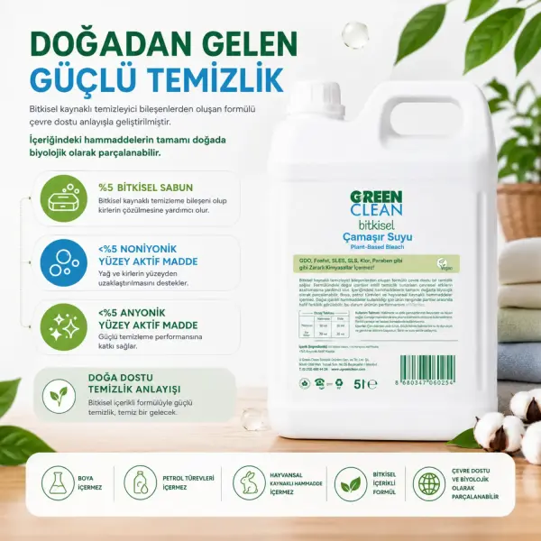 U Green Clean Bitkisel Çamaşır Suyu 5 L içindekiler listesi ve kullanım bilgisi