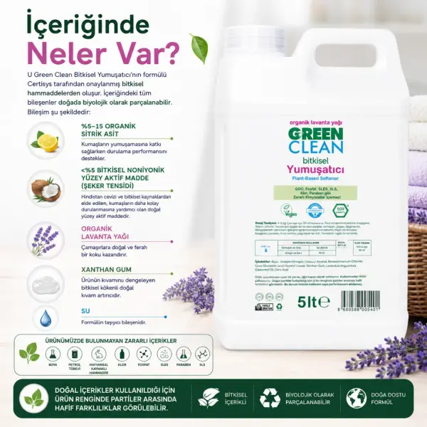 U Green Clean Bitkisel Çamaşır Yumuşatıcı Lavanta 5 L içindekiler listesi ve kullanım bilgisi