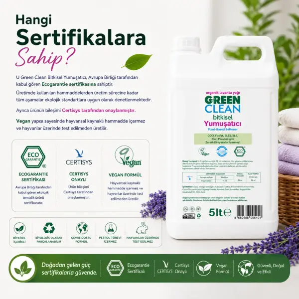 U Green Clean Bitkisel Çamaşır Yumuşatıcı Lavanta 5 L sertifika ve içerik bilgisi