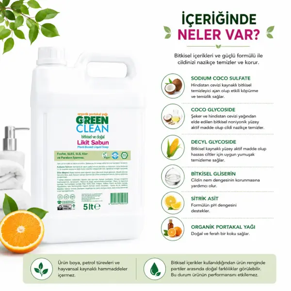 U Green Clean Bitkisel Likit Sabun Organik Portakal Yağlı 5 L içindekiler listesi ve kullanım bilgisi
