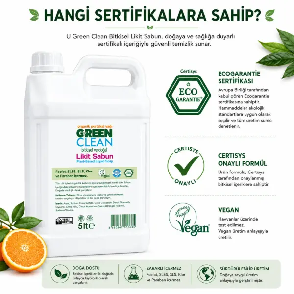 U Green Clean Bitkisel Likit Sabun Organik Portakal Yağlı 5 L sertifika ve içerik bilgisi