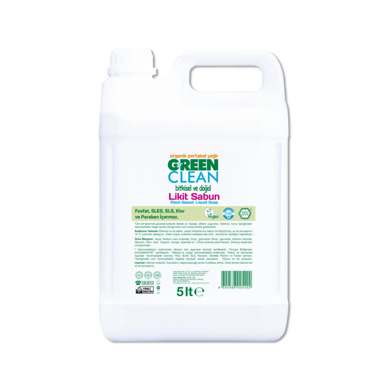 U Green Clean Bitkisel Likit Sabun Organik Portakal Yağlı 5 L