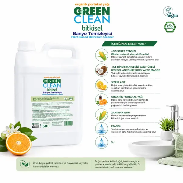 U Green Clean Bitkisel Banyo Temizleyici 5 L içindekiler listesi ve kullanım bilgisi