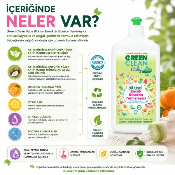U Green Clean Baby Bitkisel Emzik ve Biberon Temizleyici 500 ml içindekiler listesi ve kullanım bilgisi