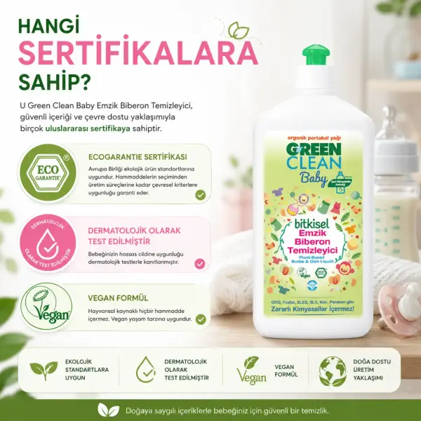 U Green Clean Baby Bitkisel Emzik ve Biberon Temizleyici 500 ml sertifika ve içerik bilgisi