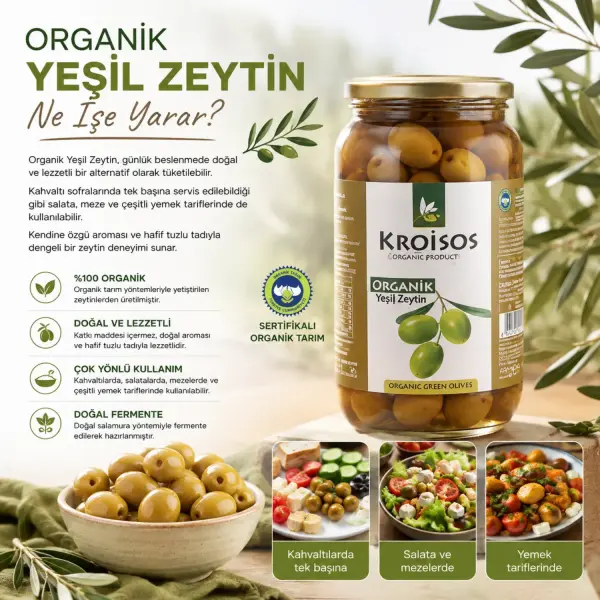 Kroisos Organik Yeşil Çizik Zeytin 600 GR ürün görseli