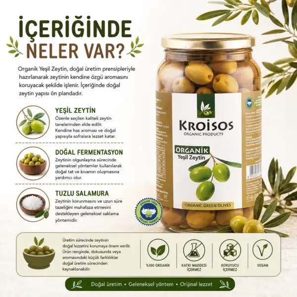 Kroisos Organik Yeşil Çizik Zeytin 600 GR içindekiler listesi ve kullanım bilgisi