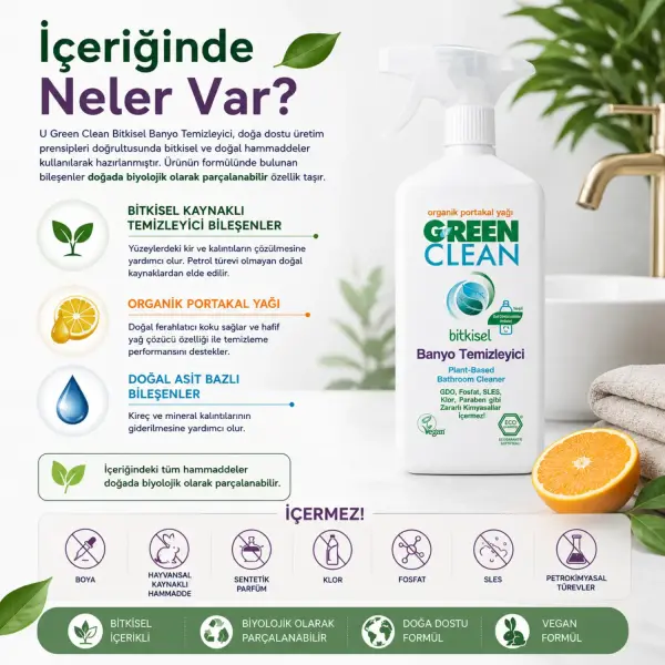 U Green Clean Bitkisel Banyo Temizleyici 500 ml içindekiler listesi ve kullanım bilgisi