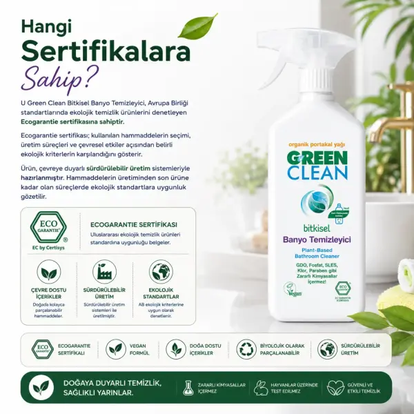 U Green Clean Bitkisel Banyo Temizleyici 500 ml sertifika ve içerik bilgisi