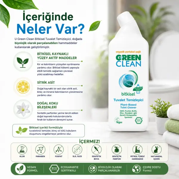 U Green Clean Bitkisel Tuvalet Temizleyici 750 ml içindekiler listesi ve kullanım bilgisi