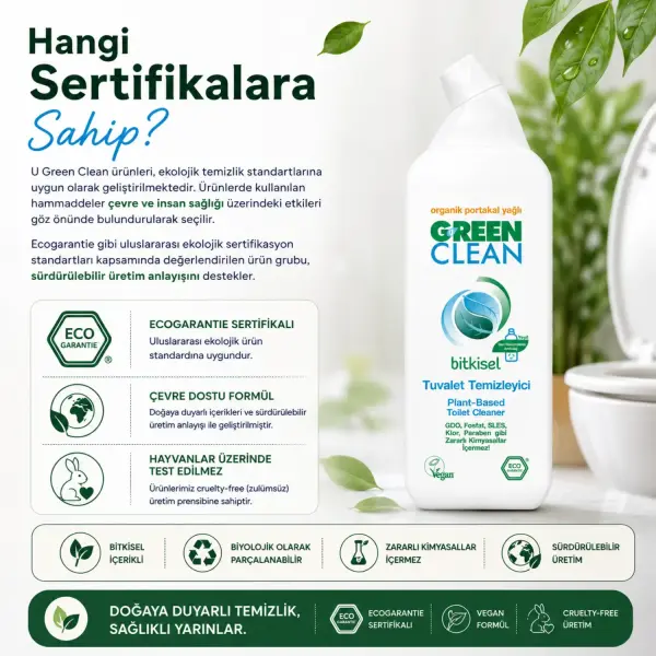 U Green Clean Bitkisel Tuvalet Temizleyici 750 ml sertifika ve içerik bilgisi