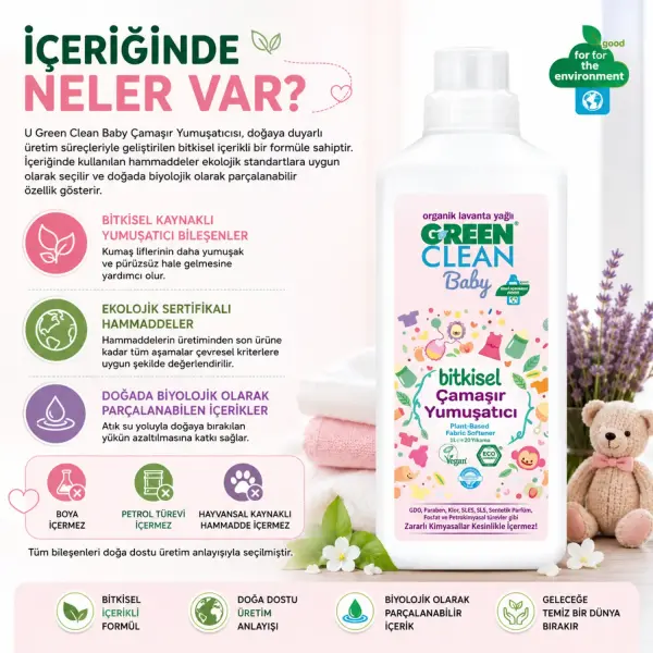 U Green Clean Baby Bitkisel Çamaşır Yumuşatıcı 1 L içindekiler listesi ve kullanım bilgisi