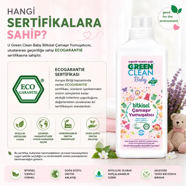 U Green Clean Baby Bitkisel Çamaşır Yumuşatıcı 1 L sertifika ve içerik bilgisi