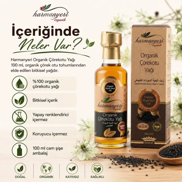 Harmanyeri Organik Çörekotu Yağı (100ml) içindekiler listesi ve kullanım bilgisi