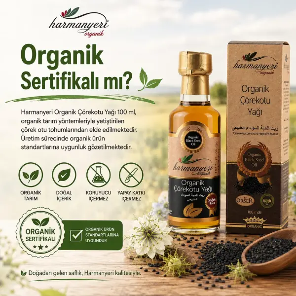 Harmanyeri Organik Çörekotu Yağı (100ml) sertifika ve içerik bilgisi