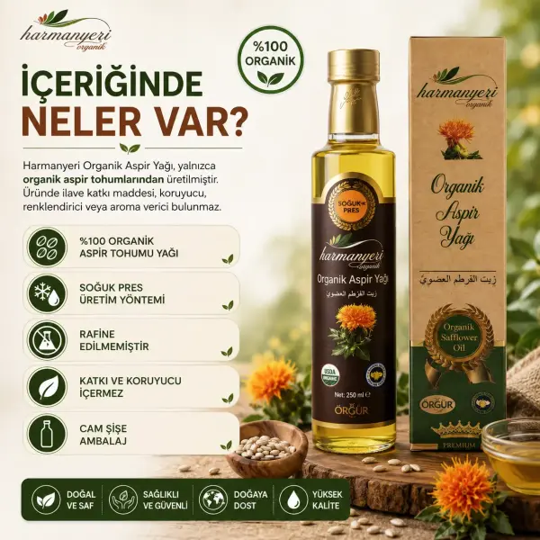 Harmanyeri Organik Aspir Yağı 250 Ml içindekiler listesi ve kullanım bilgisi